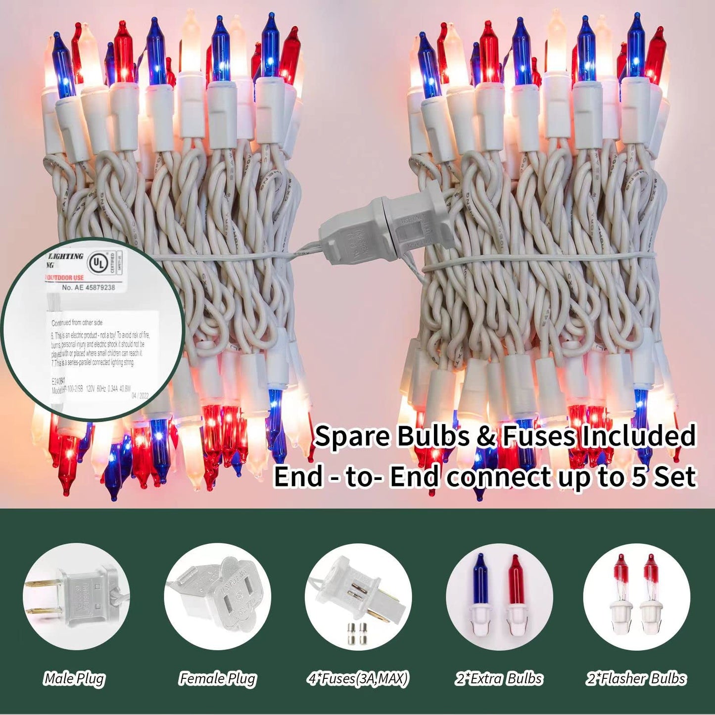 LAMPHOME Patriotic String Lights - Red White Blue Mini Lights with White Wire - 19.6Ft 100 Count UL Certified String Lights for Independence Day Patriotic Holidays Decoration (Red White & Blue)