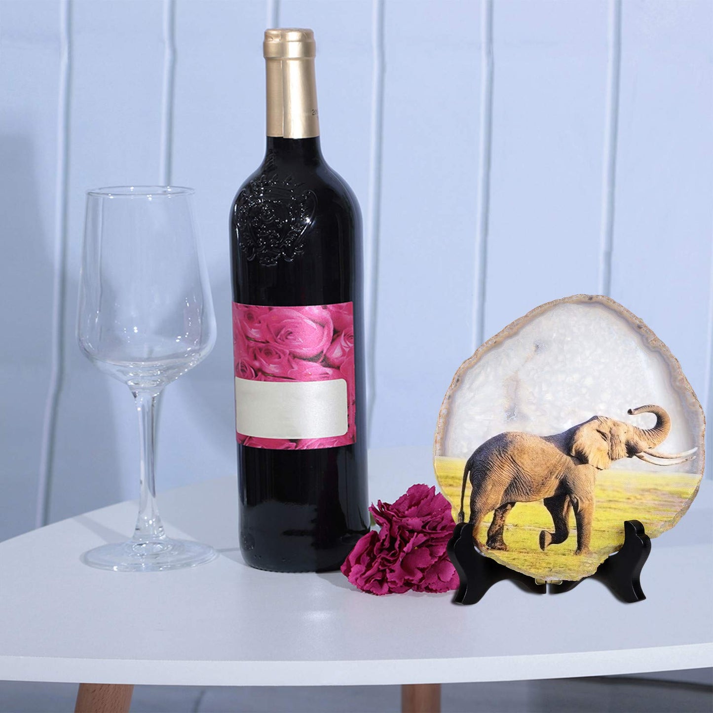 mookaitedecor Natural Agate Slice Art Print Elephant Table Display with Wooden Stand, Irregular Agate Geode Stone Figurine for Office & Home Decoration