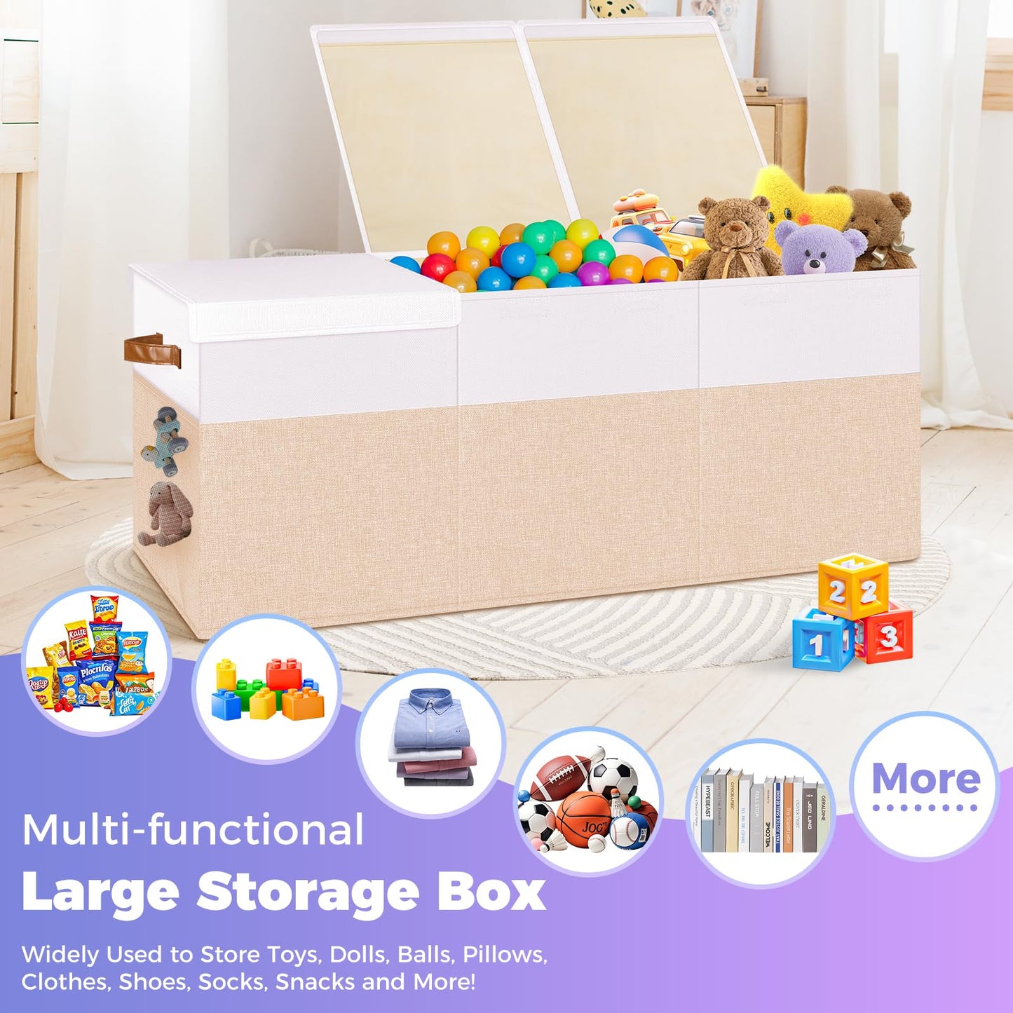 Extra Large Toy Storage Box with Lid, Collapsible Sturdy Toy Chest Storage Organizer Bin Basket with Divider for Kids, Boys, Girls, Closet, Playroom, Bedroom, Nursery, 40"X14"X16", Beige & White