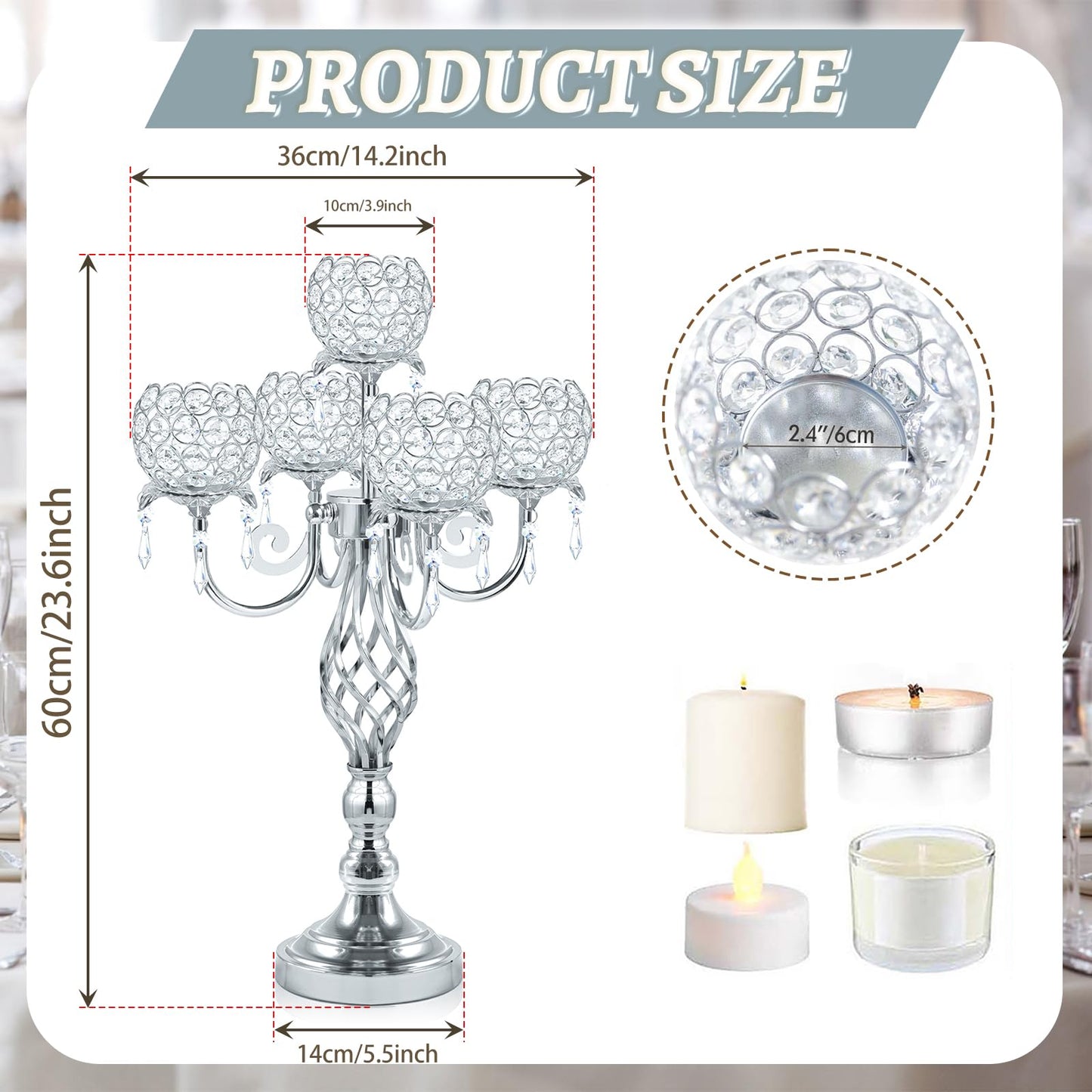 Kehail 5-Arm Crystal Candelabra Centerpiece 23.2" Tall - Elegant Candle Holder Stand with Crystal Bowl, Chic Table Decor for Weddings, Parties, Anniversary & Home Decoration (2, Silver)