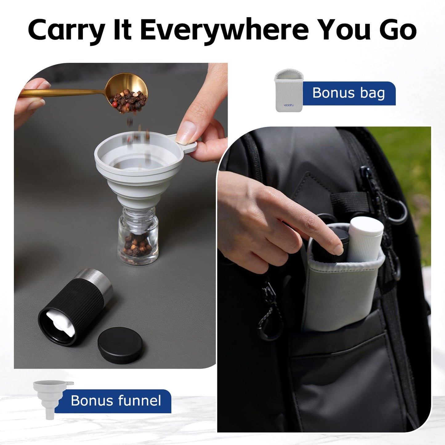 vzaahu Mini Salt and Pepper Grinder Set Black and White with Bag and Funnel, Small Travel Portable Spice Tools, Adjustable Coarseness, Refillable, Ceramic Burrs Seasoning Mills for Cooking, BBQ, RV