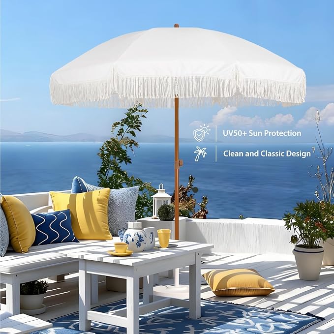 AMMSUN 7ft Patio Umbrella with Fringe Outdoor Tassel Umbrella UPF50+ Premium Steel Pole and Ribs Push Button Tilt, Cream White