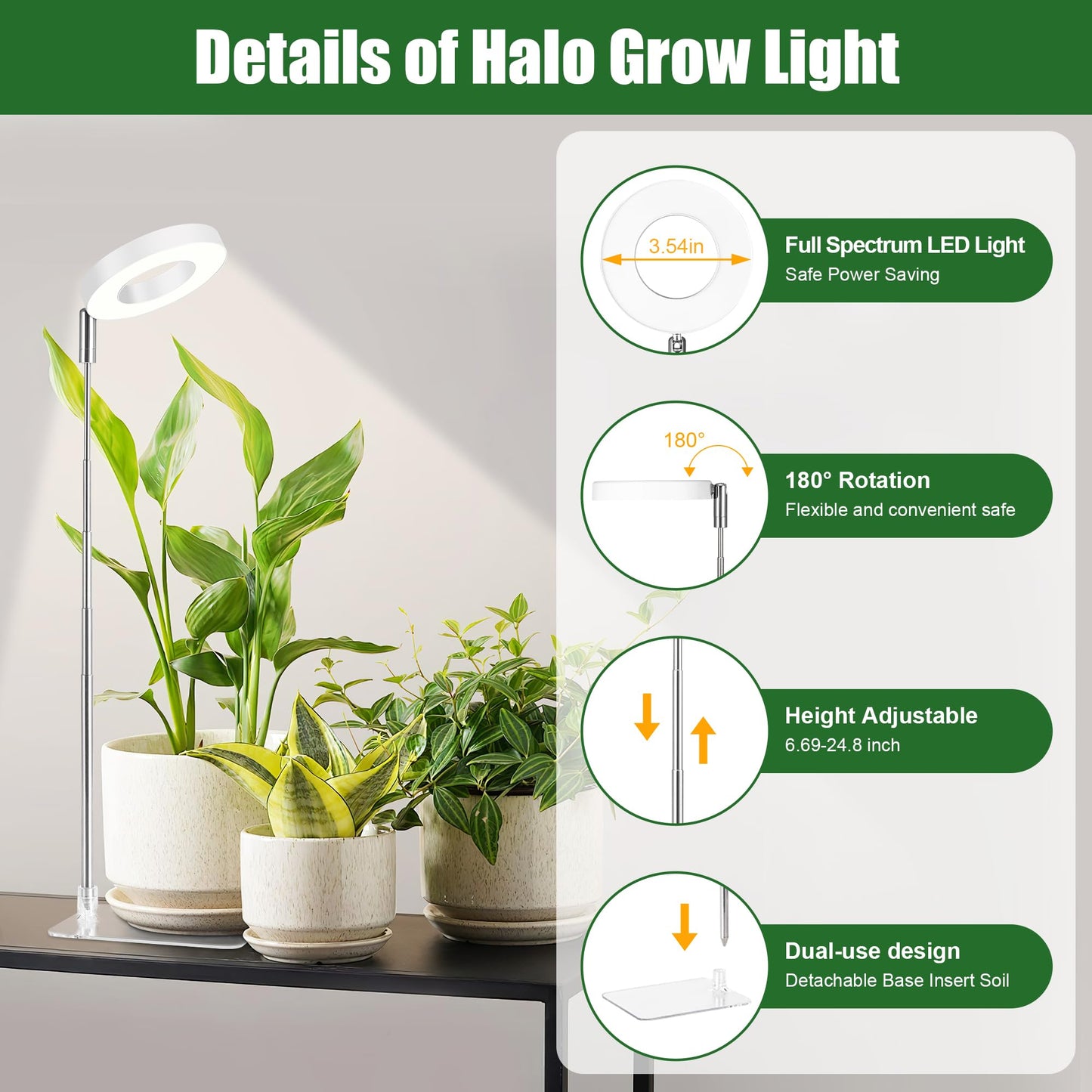 White Grow Lights for Indoor Plants Full Spectrum, 48 LEDs Plant Light for Indoor Plants, Height Adjustable, Small Halo Growing Lamp with Base, Auto Timer 3/9/12H, 3 Light Spectrums,10 Brightness