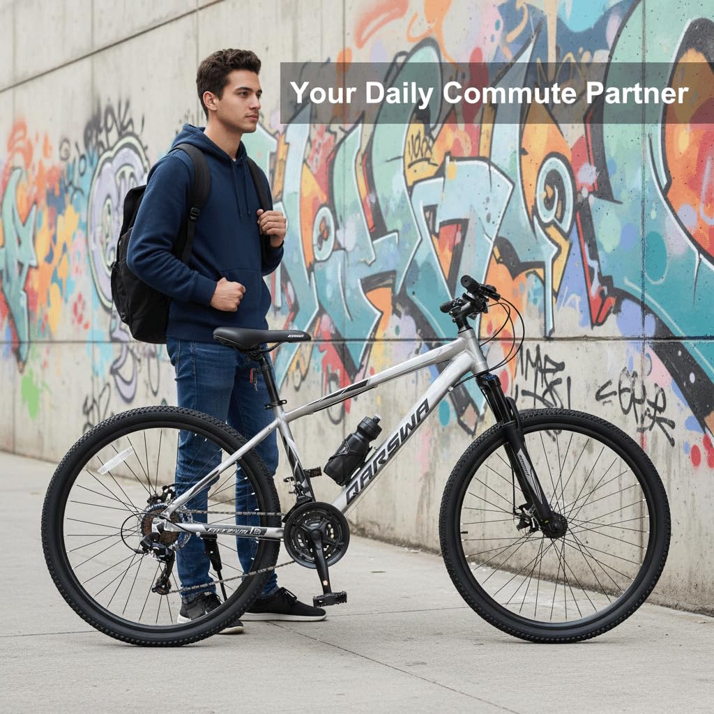 QARSWA 26 Inch Mountain Bike, Lightweight Aluminum Frame MTB with 21-Speed Trigger Shifter & Dual Disc Brakes, Comfort Foam Seat Adult Bicycle for Men and Women, Trail & Outdoor Riding, Matte Silver
