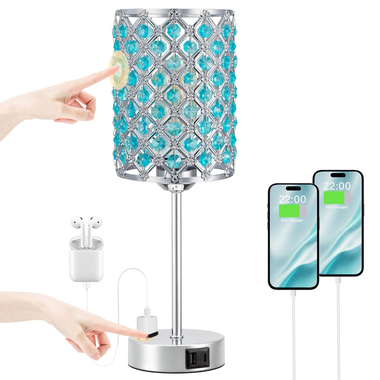 Hong-in Blue Lamps for Night Stands-Crystal Table Lamp with USB-C+A & AC Charging Ports, 3-Way Dimmable Nightstand Touch Lamp, Bedside Desk lamp for Bedroom Living Room Home Office