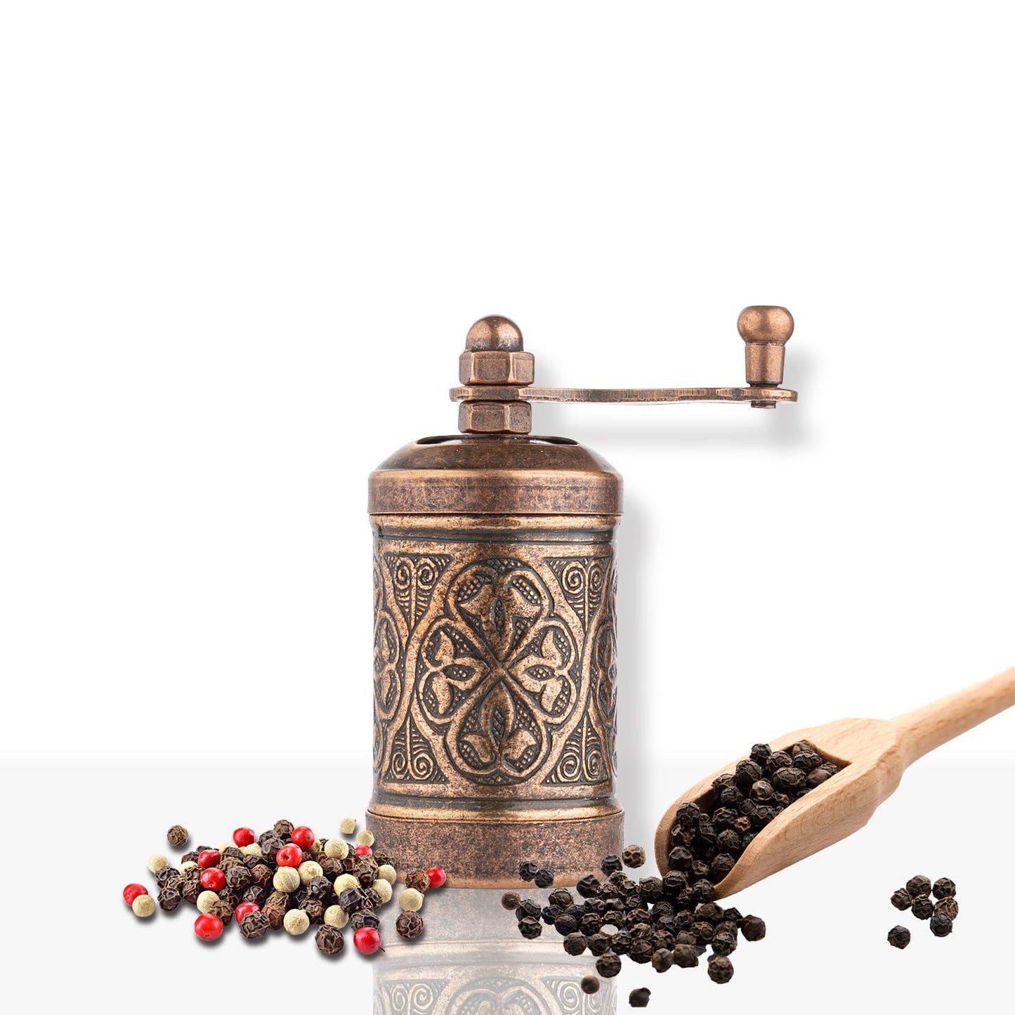 Glios Decorative Handmade Black Pepper Grinder, Refillable Turkish Spice Mill with Adjustable Coarseness, Manual Pepper Mill with Handle, Spice Grinder with Hand Crank 8 cm-3.1 inch (Bronze)