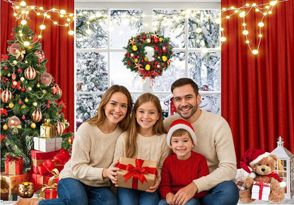 Christmas Window Backdrop 8x6ft Red Curtain Photography Backdrop Winter Xmas Party Banner Decorations Background Xmas Holiday Party Photo Booth D649