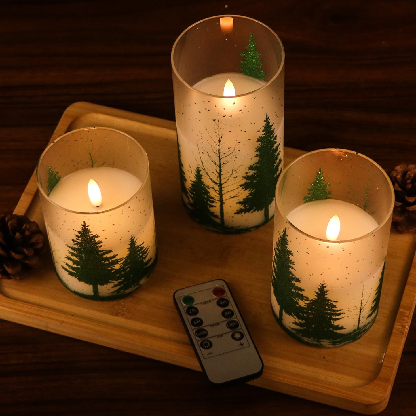 Wondise Glass Flickering Flameless Candles with Remote and Timer, Battery Operated 3D Wick LED Candles Christmas Tree for Christmas Holiday Home Decoration, Set of 3(D3 x H4,5,6 Inch)