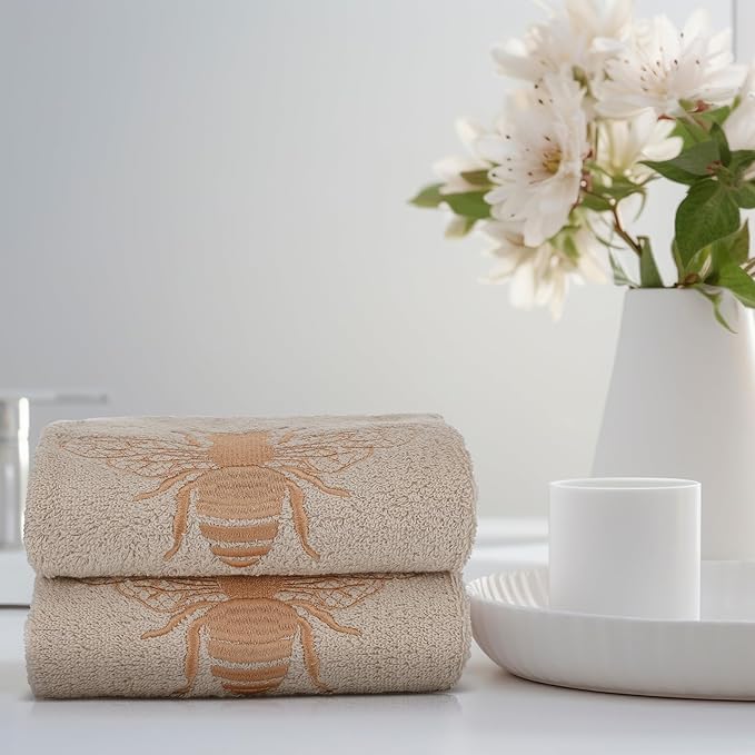 2 Pcs Bee Hand Towels Brown Bathroom Decor 14x29 Inch Embroidered 100% Cotton