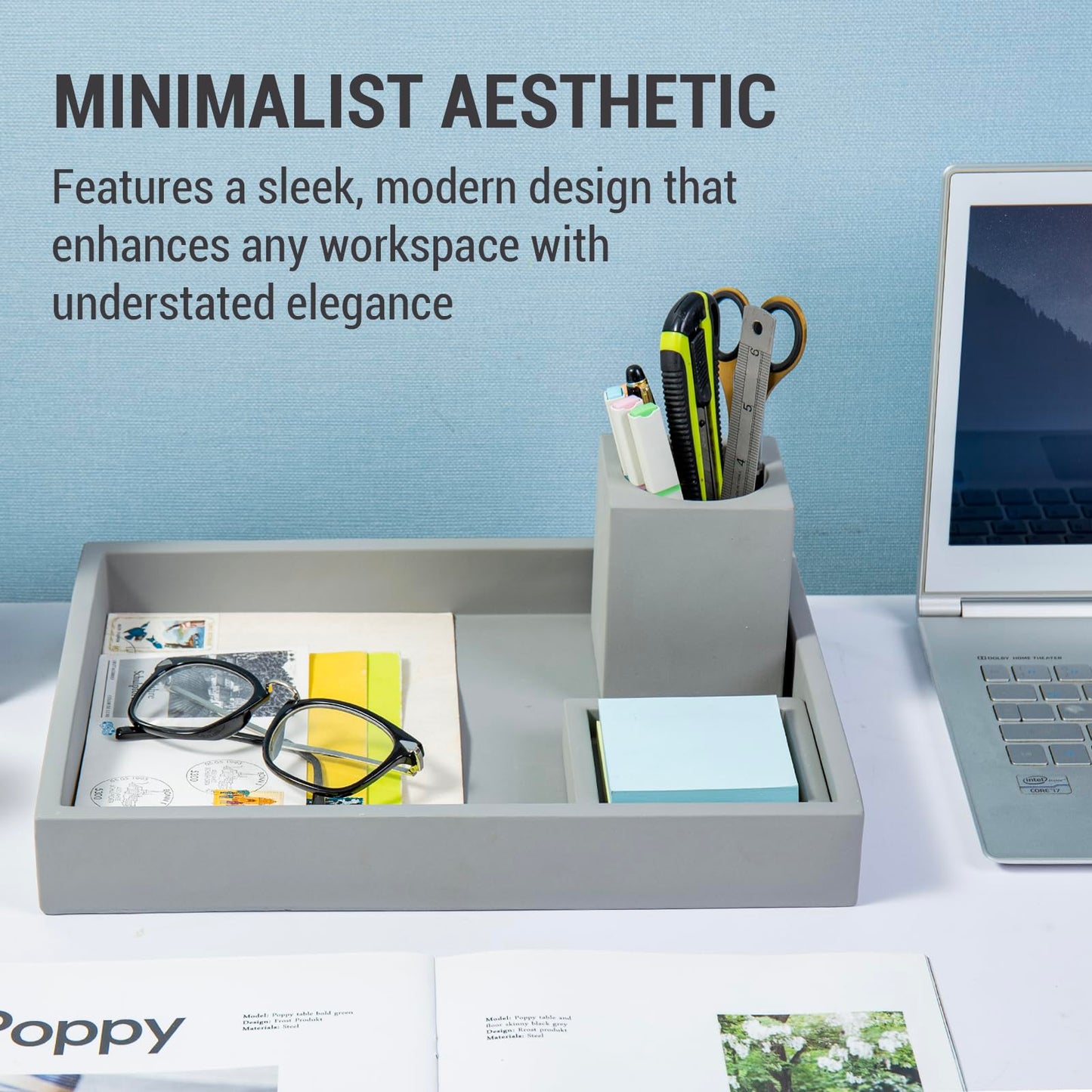 MyGift 3 pcs Set Modern Gray Concrete Desk Organizer Trays, Desktop Office Paper Tray, Stationery Holder Pencil Cup, Sticky Note Pad Holder