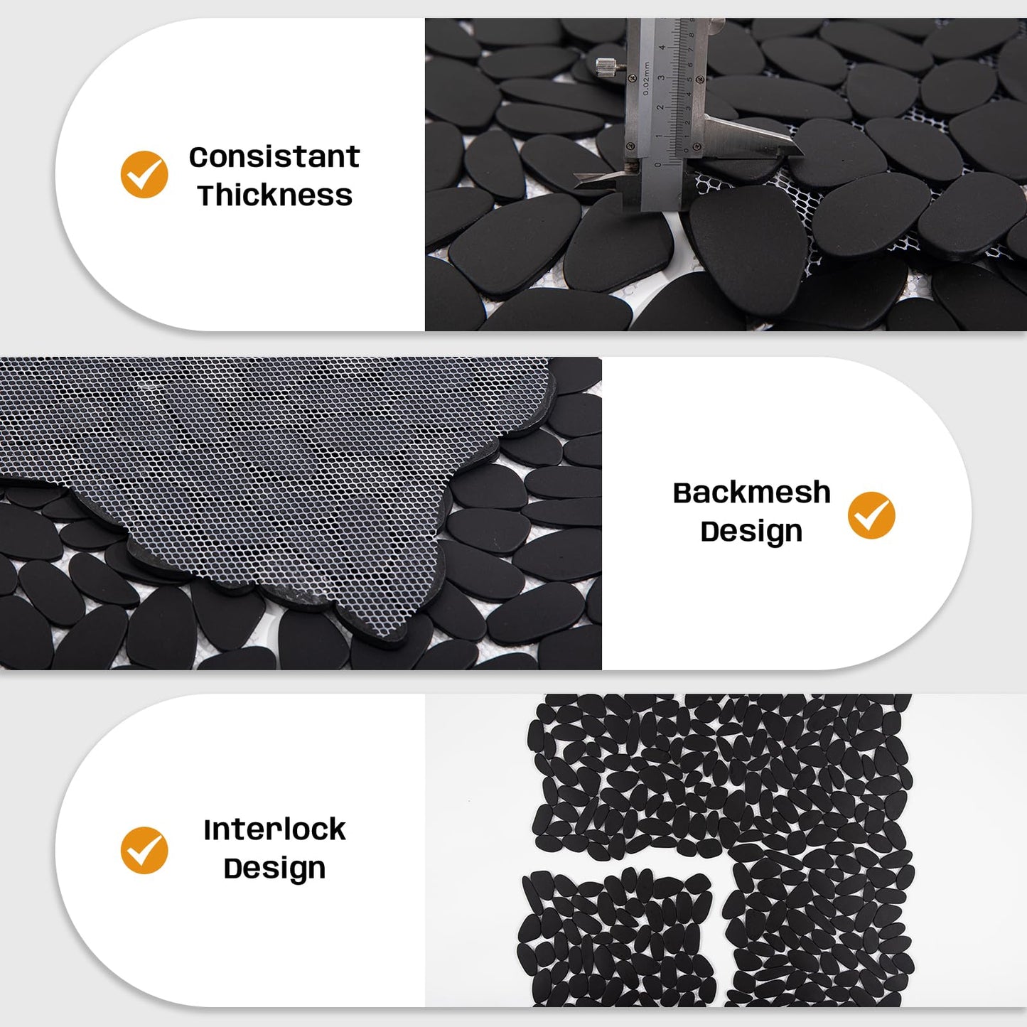 Adolif Pebble Tile for Shower Floor, Black Long Oval Pebble Mosaic Backsplash for Kitchen Bathroom Wall and Floor Tile and Outdoor Areas, 5 Sheets