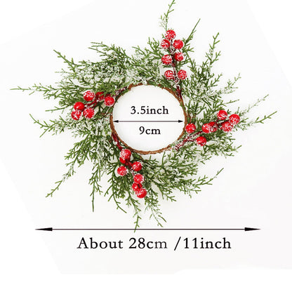 Small Christmas Wreath Candle Rings Artificial Cedar Cypress Wreaths with Red Berries, Candle Holders for Holiday Table Centerpiece Decor (Candle Rings 04)