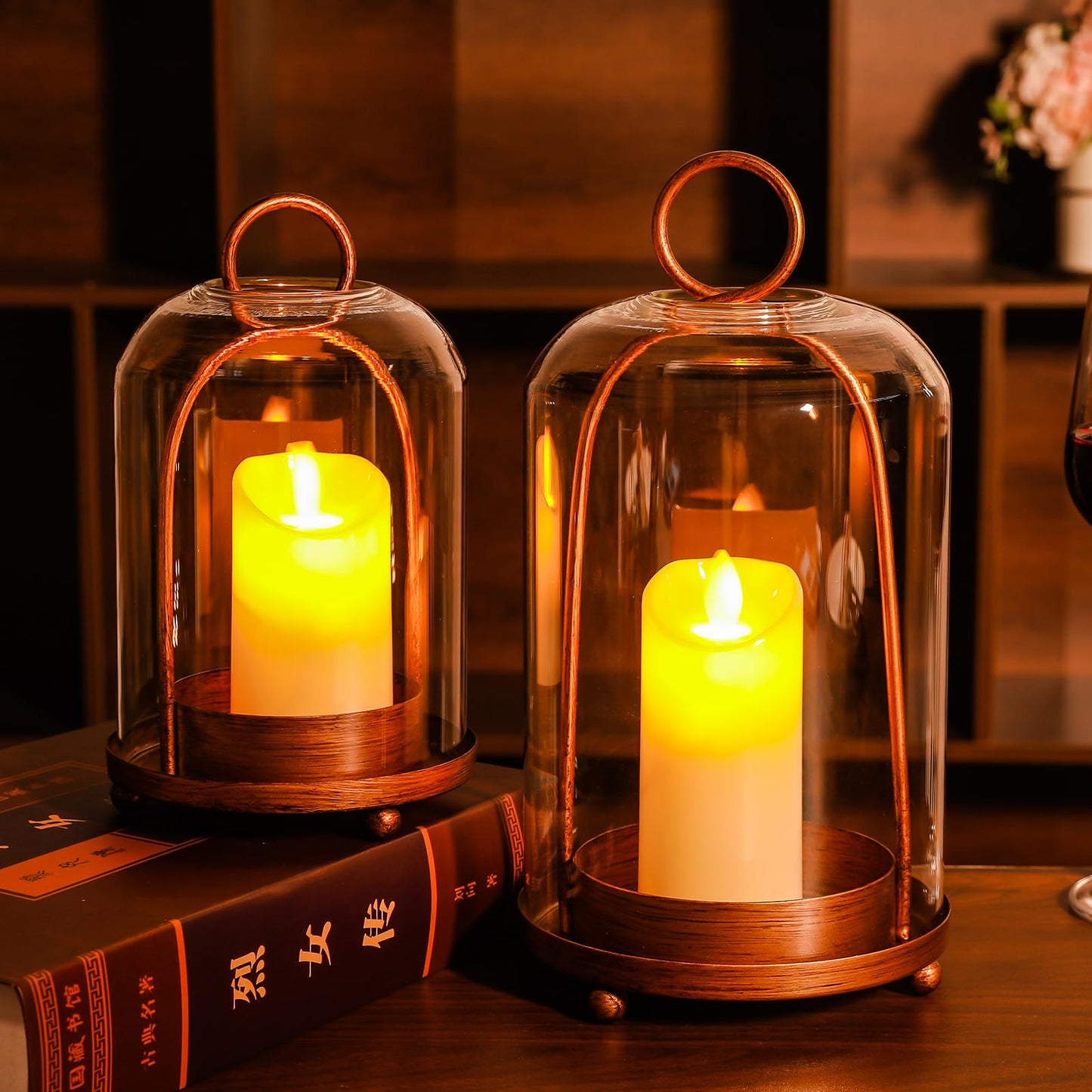 Glass Hurricane Candle Holder Decorative Gold Candle Lantern, Candlestick Holders, Hanging Metal Holder Modern Table Centerpieces (2, Brass, Large & Small)