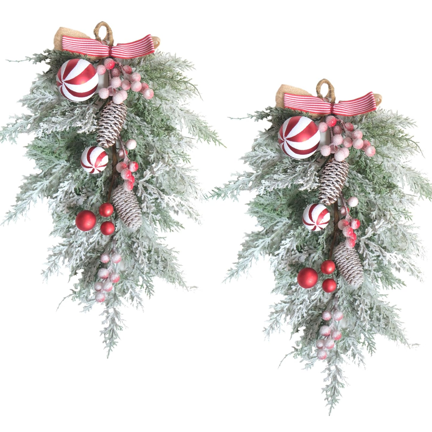 Egolot 2 PCS 20” Christmas Candy Cane Frosted Pine Needle Teardrop Swag Wreath for Front Door, Xmas Swag with Red White Balls and Berries for Indoor Outdoor, Christmas Window Mailbox Decor Teardrop