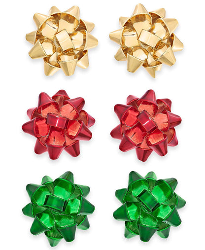 VK Accessories 3 Pair Bow Studs Christmas Earrings Santa Holiday Earrings Gifts for Women 3 Color(Green, Golden, Red)