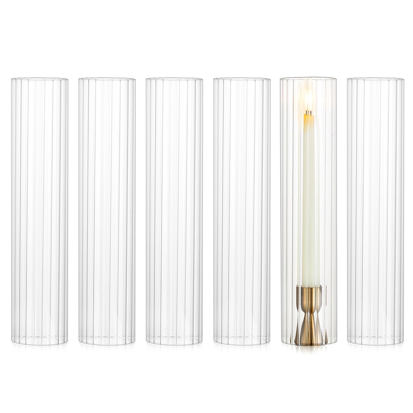 NUPTIO Hurricane Candle Holder Fluted: 2.5 x 12 inches Ribbed Glass Shade for Candlestick - Bulk Decorative Bottomless Cylinder Taper Candle Cover for Outdoor Table Centerpiece