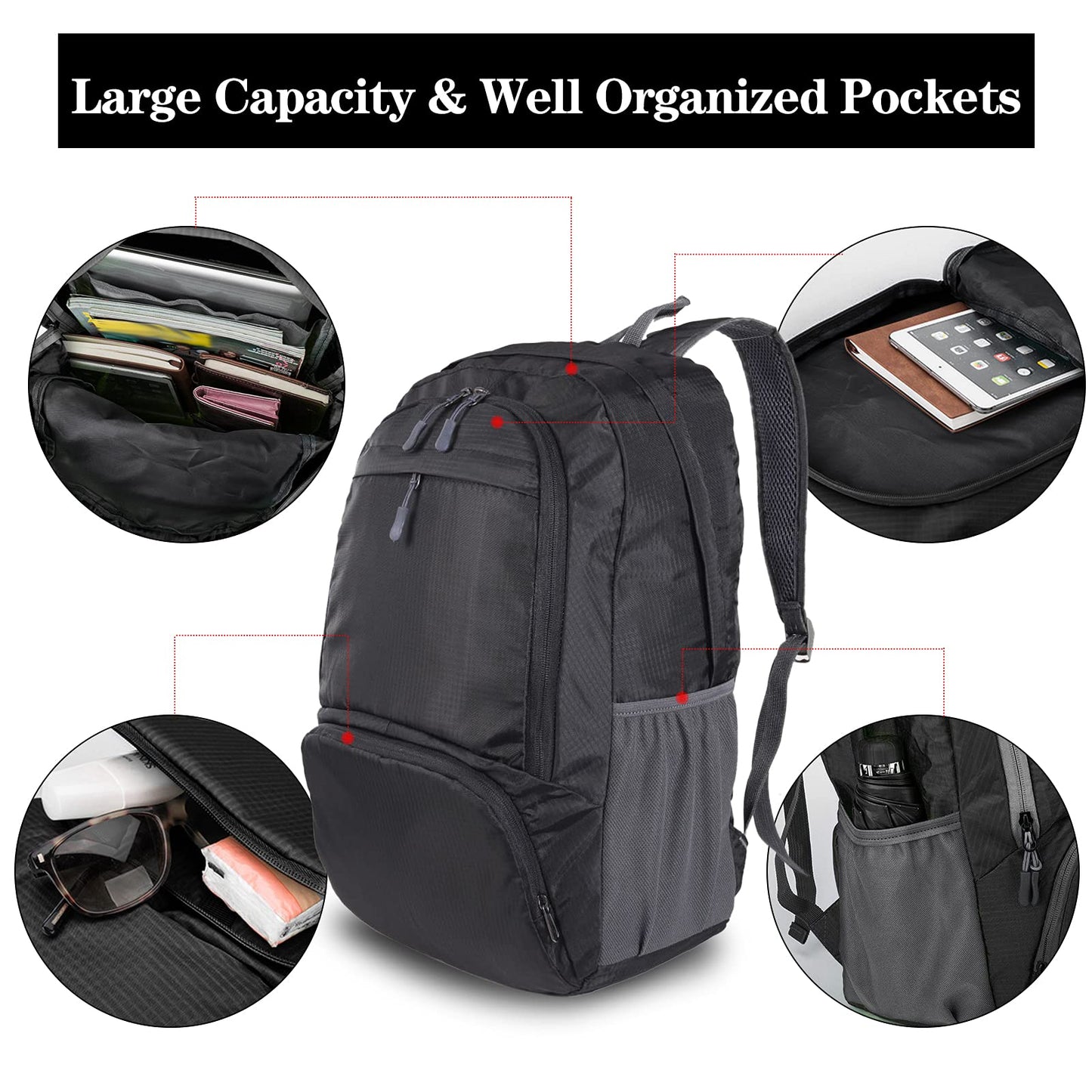 Dewellyoo Lightweight Hiking Backpack, Foldable Outdoor Camping Hiking Travel Multi-functional Camping Trekking Rucksack Travel Climbing Mountaineer Outdoor Sport Daypack Bag for Men Women (Black)