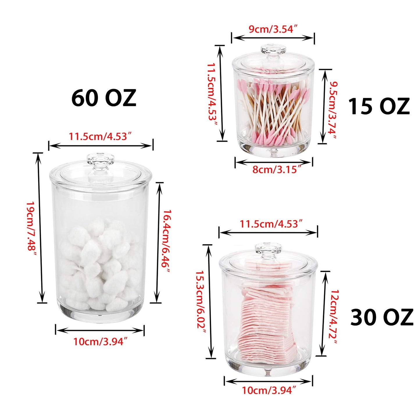 Hipiwe Clear Plastic Apothecary Jars with Lid, Large Size Bathroom Storage Canister Jar Cotton Ball and Swab Organizer Q-Tips Holder, 60-Ounce, 30-Ounce and 15-Ounce, Set of 3