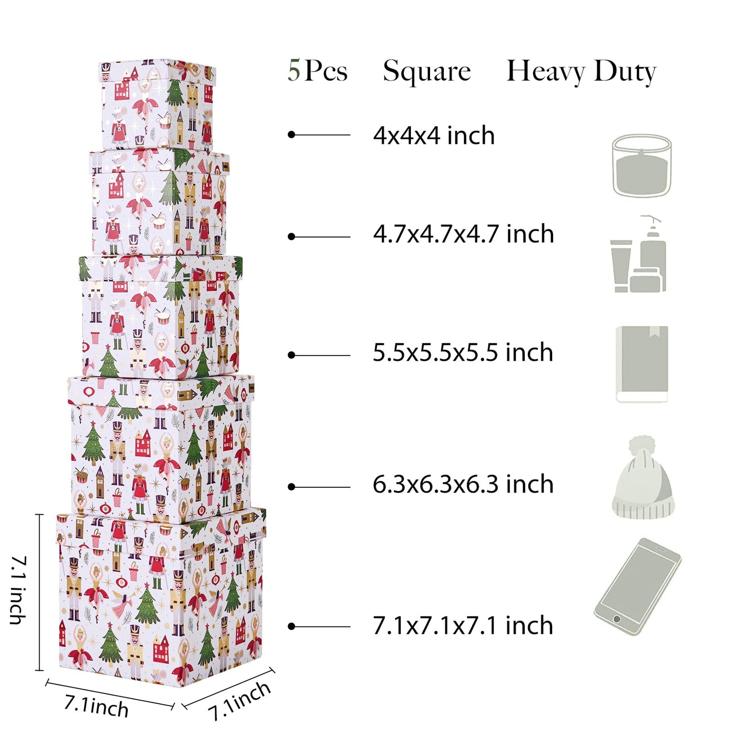 PAPER FAIR 5PCS Christmas Nesting Gift Boxes with Lid, Xmas Nested Box Set, 5 Sizes, Square Stackable, White Ballerina Nutcracker Paper Box Tower Décor, for Holiday Thanksgiving New Year Packaging