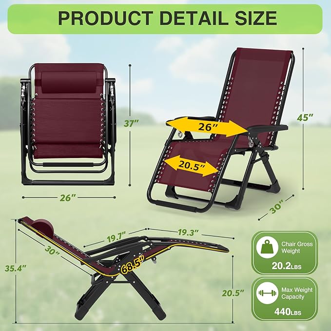 Suteck Zero Gravity Chair, Reclining Camping Lounge Chair w/Removable Cushion, Upgraded Lock and Cup Holder, Reclining Patio Chairs Folding Recliner for Indoor and Outdoor, Claret