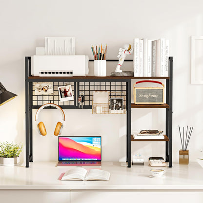 Snughome Desk Shelf, 38.6" Desktop Organizer Shelf, Desk Hutch for Computer Monitor, 4 Tier Desktop Display Rack with Pegboard Hooks Set, Wood Desktop Bookshelf for Home Office Dorm