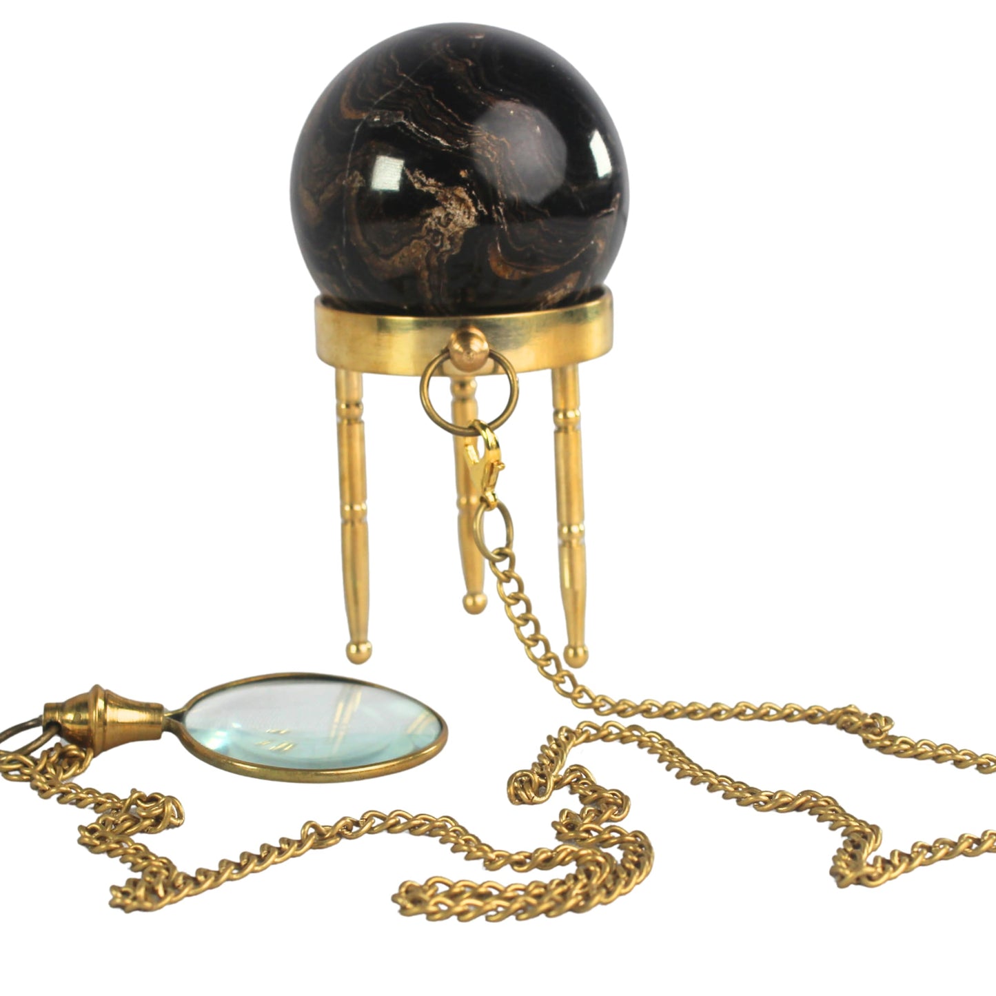Natural Stromatolite Sphere with Brass Stand & Magnifying Glass Ancient Stone Crystal Ball for Healing, Meditation, Home Décor & Collector’s Gift