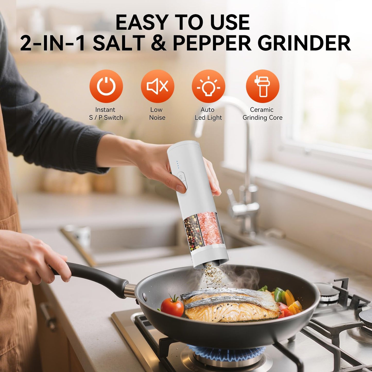 HeatBay 2 in 1 Electric Salt and Pepper Grinder Set, USB Rechargeable, Automatic Salt and Pepper Mill Shakers with Battery Display, LED Light, Adjustable Coarseness(White)
