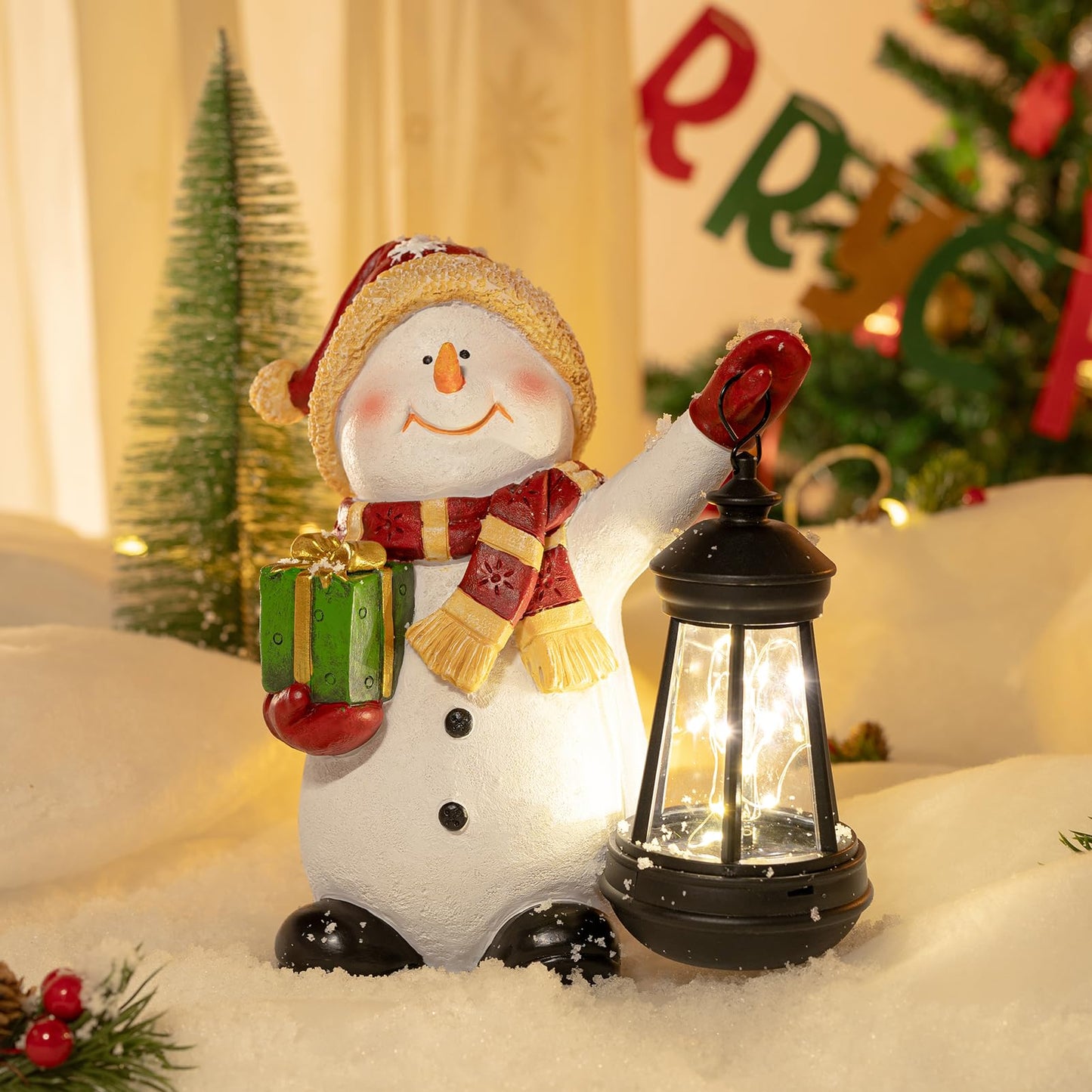 WONDHOME Solar Christmas Snowman Decoration Resin Snowman Outdoor Statue with LED Lantern for Porch Garden Patio Yard Home Decor Christmas Gardening Gifts for Women Mom