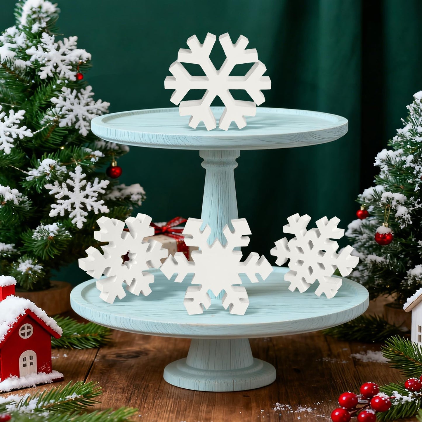 PAIVSUN 6Pcs Christmas Wooden Snowflake Decor Winter Snowflakes Table Signs Centerpieces Decorations Standing for Xmas Holiday Party Home Tabletop (White)