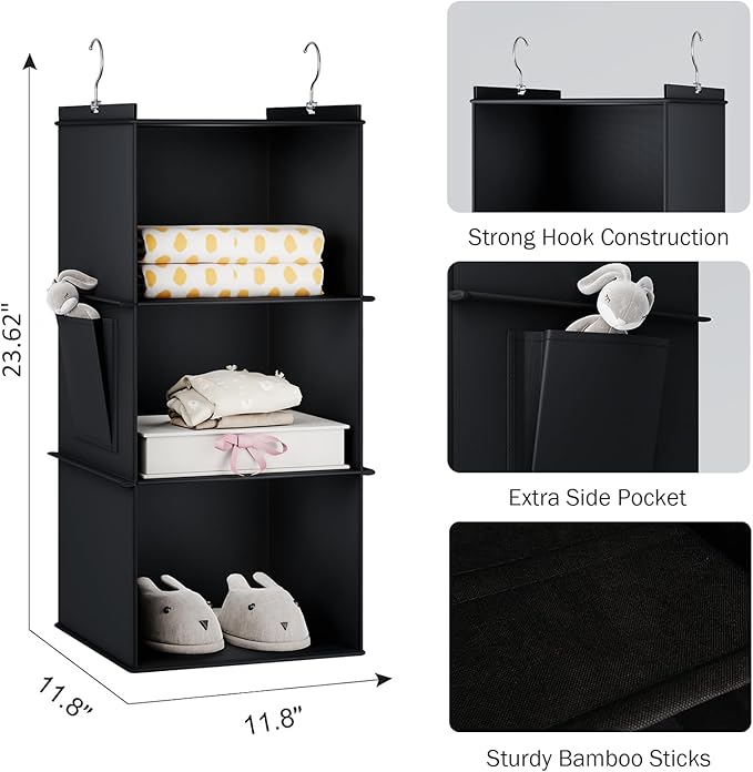 YOUDENOVA Hanging Closet Organizer, 3-Shelf Closet Hanging Storage Shelves