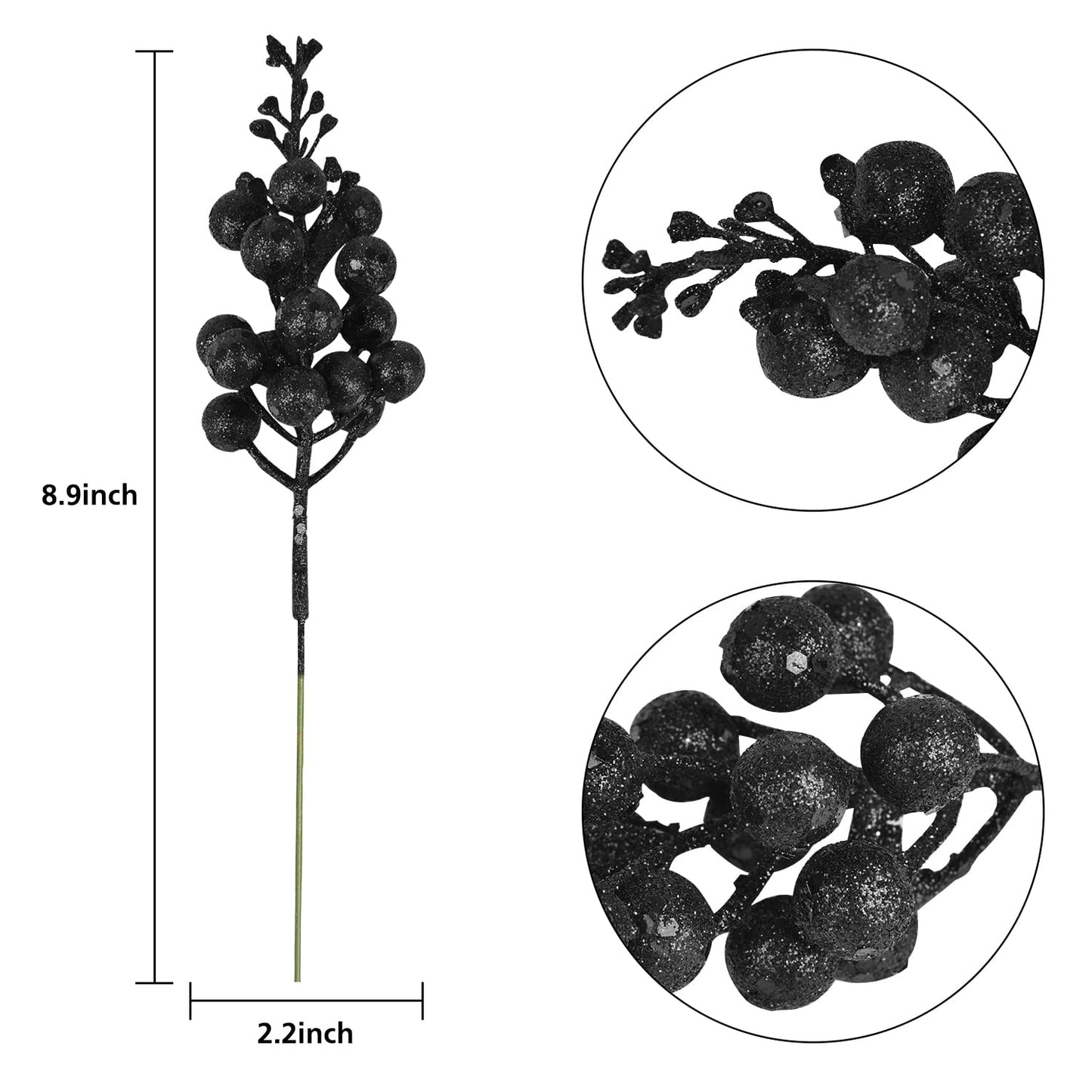 DearHouse 14 Pack Christmas Glitter Berries Stems, 7.8Inch Artificial Christmas Picks for Christmas Tree Ornaments, DIY Xmas Wreath, Crafts, Holiday and Home Decor (Black)