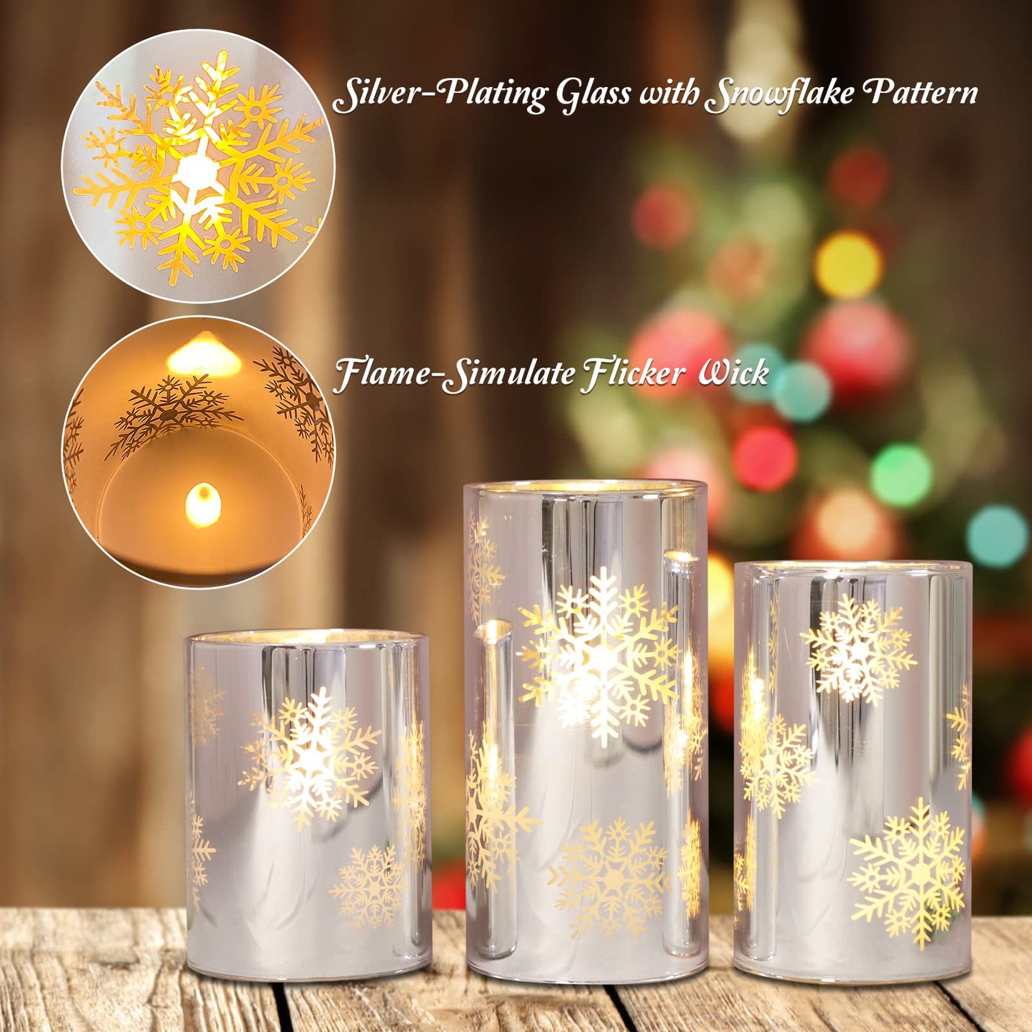 GORGE MOMENT Flameless Candles with Remote, Christmas Holiday LED Flickering Candles, Snowflake Candle Glass, Battery Operated, Xmas Gift Decorations Bathroom Home Party Decor [x3]