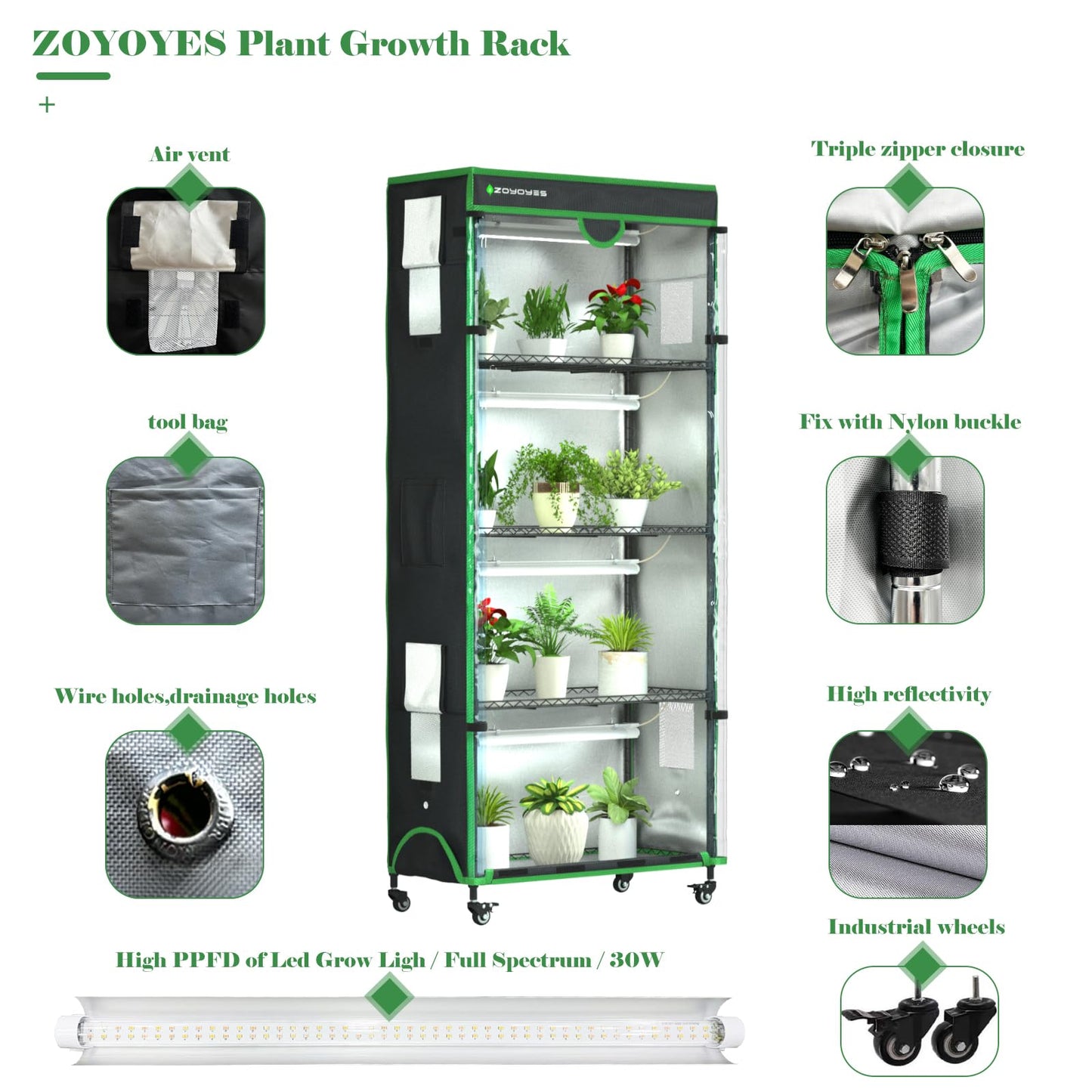 ZOYOYES Indoor Greenhouse with Grow Light, 35.8" W x 17.8" D x 71.8" H, 5-Tier Plant Shelf with 3-Color T8 Growth Lights, Plant Stand with Smart Timing Plug and thermohygrometer