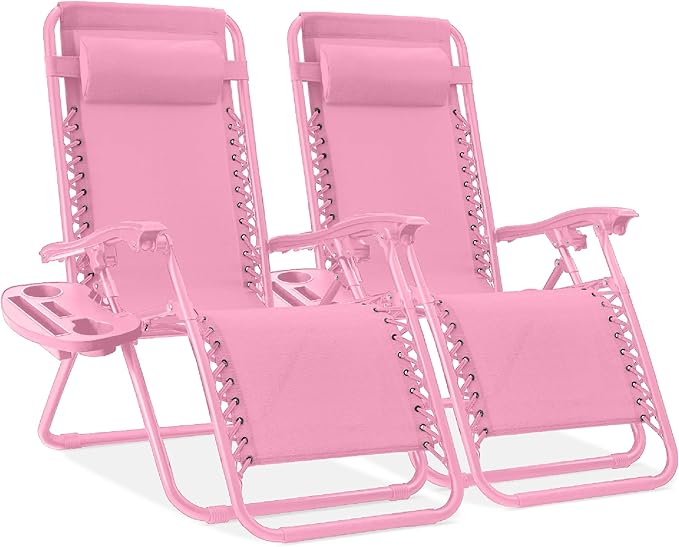 Best Choice Products Set of 2 Adjustable Steel Mesh Zero Gravity Lounge Chair Recliners w/Pillows and Cup Holder Trays - Carnation