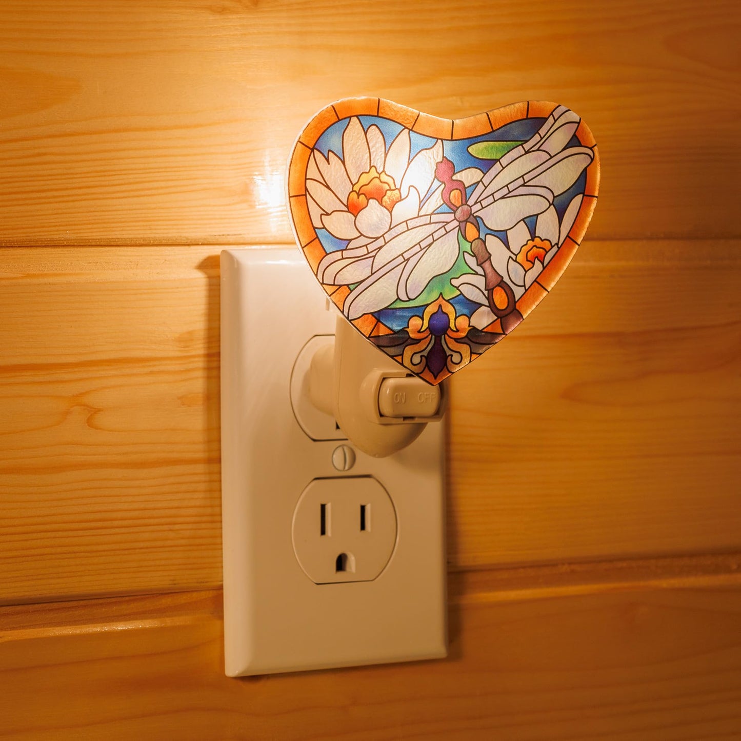 Dragonfly with White Lotus Night Light – Stained Glass Styled Plug-in Wall Light for Vertical Outlets – Real Glass, Warm Glow for Bedroom, Bathroom, Hallway –Gift for Nature Lover