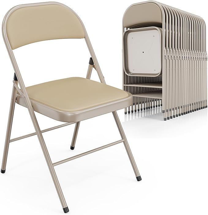 VINGLI 20 Pack Folding Chairs with Padded Seats, Metal Frame with Pu Leather Seat & Back, Capacity 350 lbs, Set of 20, Khaki