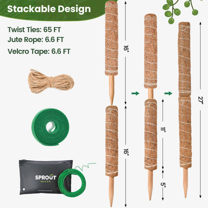 49 inch/125 cm Tall Moss Pole for Plants, SproutMaven 4 x 16 Inch/41 cm Monstera Moss Pole kit for Indoor Outdoor Climbing Plants Lianas to Grow Upwards