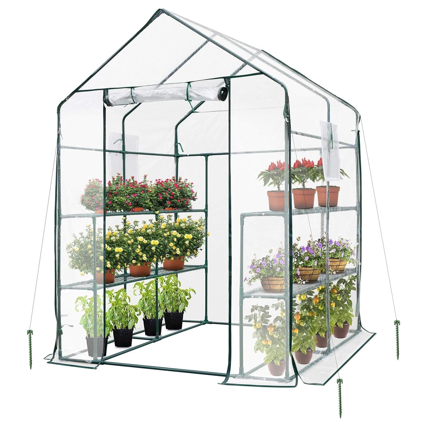 VIVOSUN 57x57x77-Inch Transparent Mini Walk-in Green House with Window and Anchor, Plant Garden Hot House 2 Tiers 8 Shelves, 4.7 x 4.7 x 6.4 FT