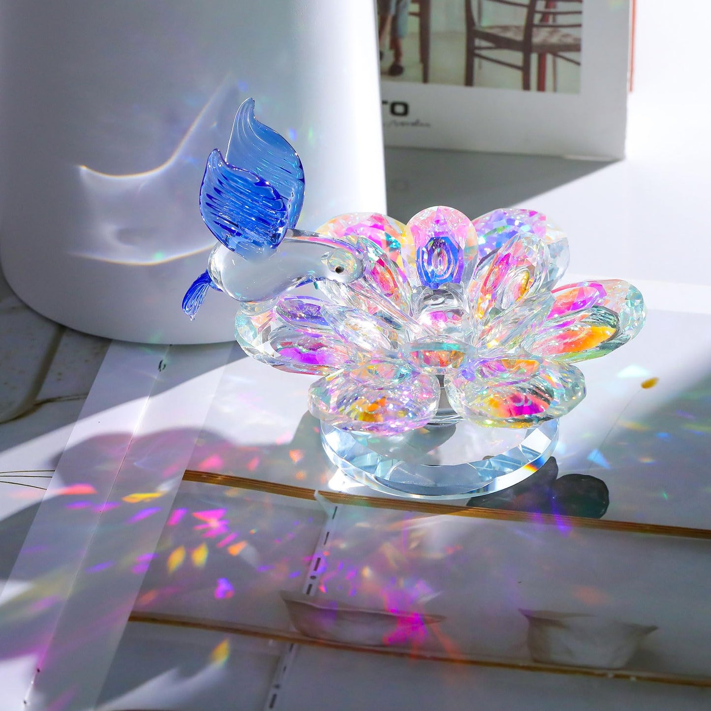 Movdyka Crystal Figurine Lotus Flower Decor Blue Hummingbird