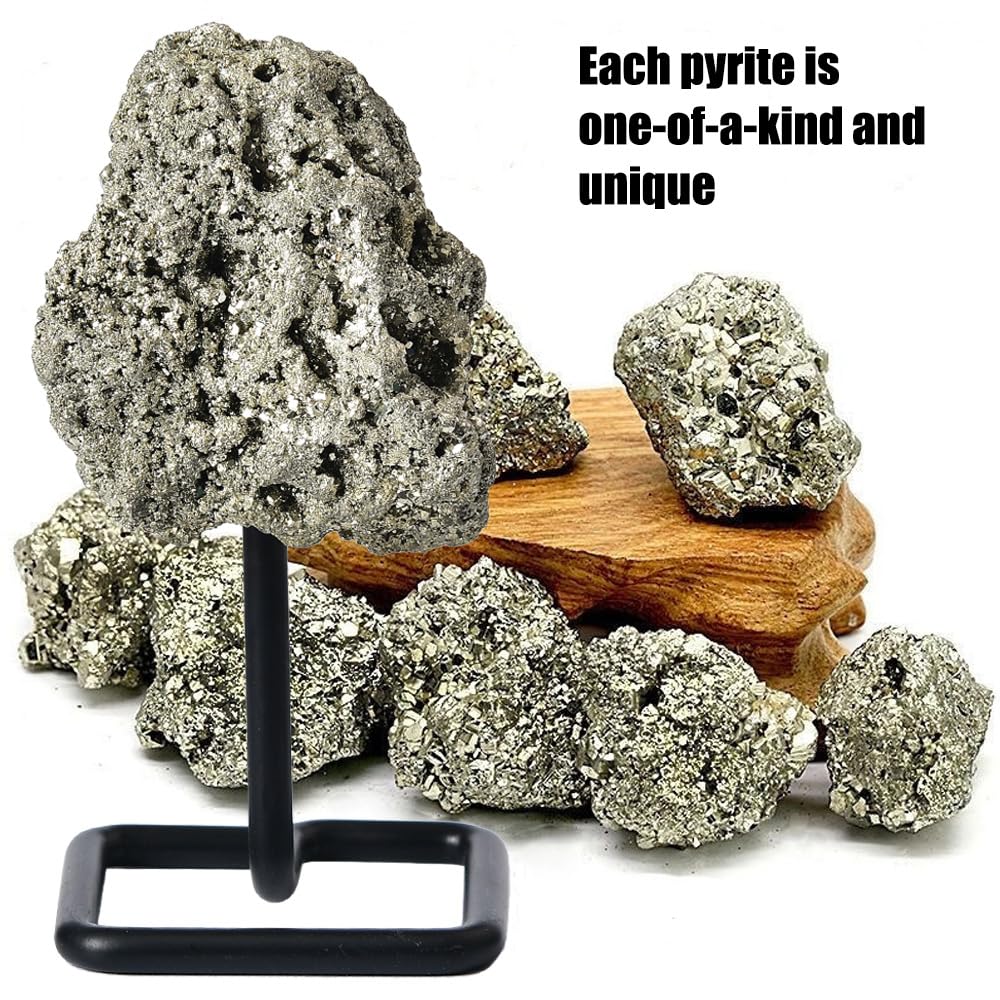 JIC Gem Natural Pyrite Crystal Stone on Metal Stand Raw Pyrite Cluster Fools Gold Reiki Healing Home Decor 300-400g