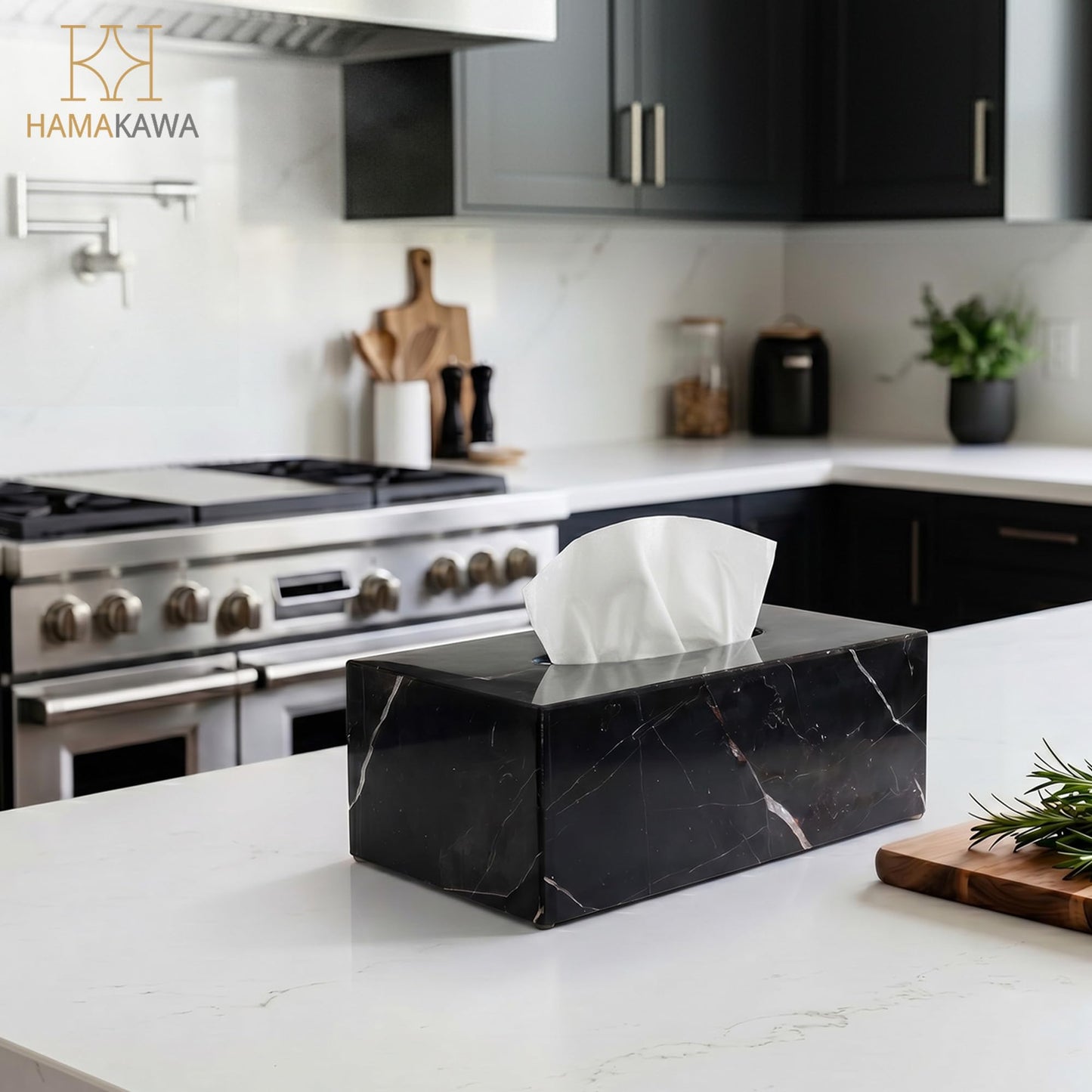 HAMAKAWA Natural Marble Tissue Box Cover, Black Tissue Organizer 10 x 5.5 x 3.9 inch, Heavy Stone Decorative Box, Rectangle Tissue Box Holder for Home Decor, Kitchen, Bathroom, Bedroom
