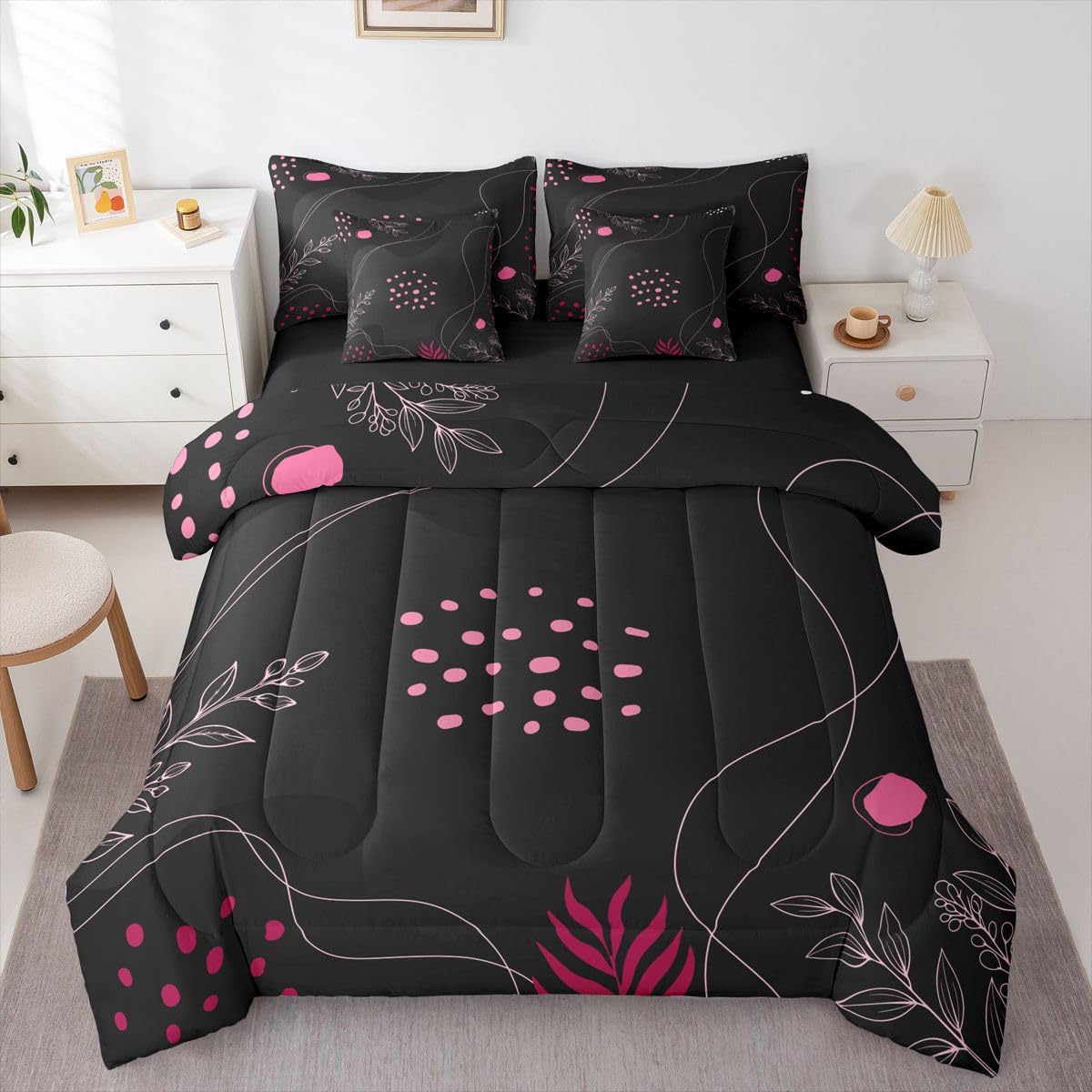 Erosebridal Boho Black Pink Comforter Set 7 Piece Bed in a Bag Twin Mid Century Modern Bedding Sets Geometric Lines Comforter and Sheet Set, Modern Abstract Bed Sets