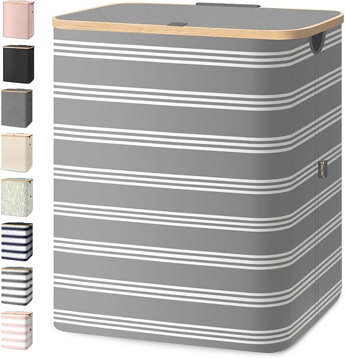 BALEINE Laundry Hamper with Lid, Tall Laundry Baskets with Bamboo Pull Handles