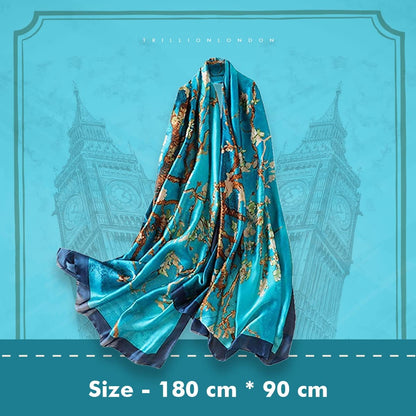 Trillion London® Spring Collection | Blue Floral Silk Neck Scarf For Women | Ladies Lightweight Scarves | Shawl Wraps | Suitable for Daily Life, Gifting | Smooth Soft Finish | Size - 180cm*90cm