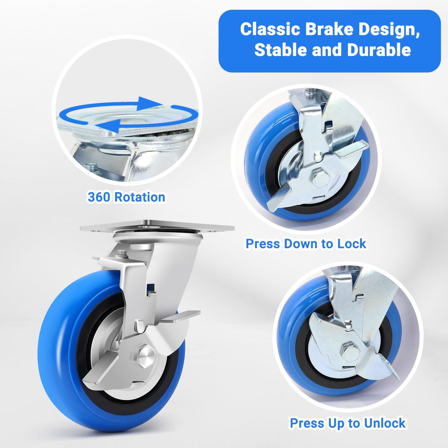 W B D WEIBIDA 6 Inch Heavy Duty Casters Set of 4, Smooth Rolling Caster Design for Cart Wheels, 4500 LBS Industrial Grade Castors with Upgraded Thickened Bracket, Durable Castors (2 Brake & 2 Rigid)