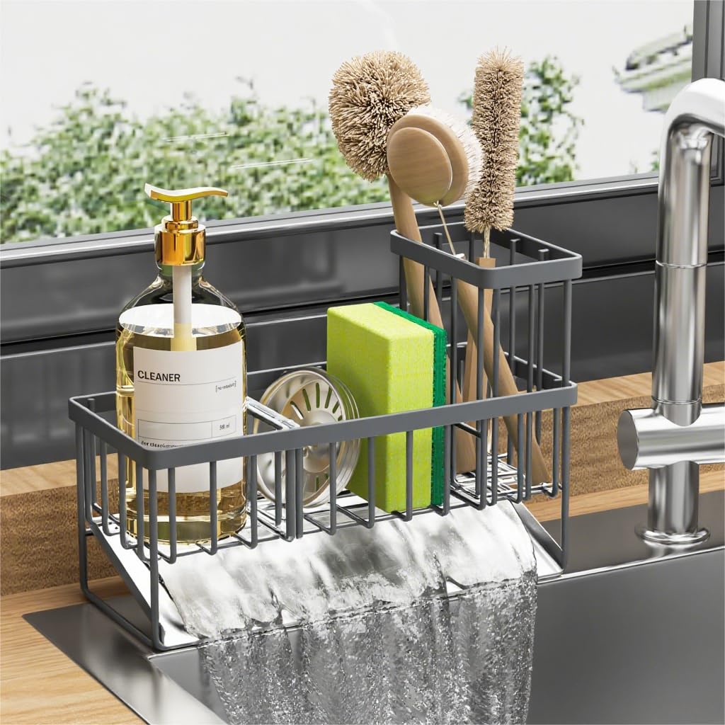 Cisily Kitchen Sink Caddy Organzier with High Brush Holder, Sponge Holder for Sink, 304 Rustproof Stainless, Kitchen Countertop Soap Dispenser Organizer, Kitchen Decor and Accessories