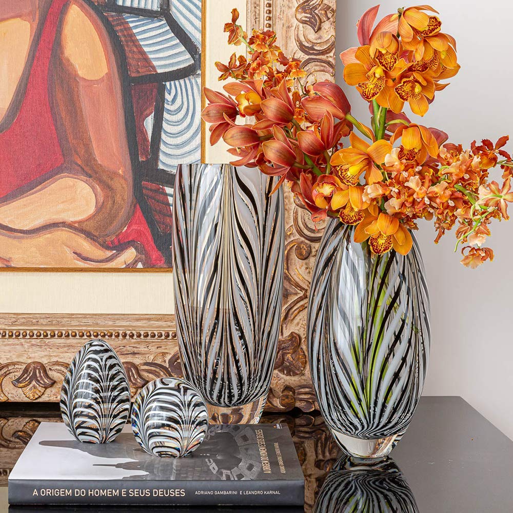 Ca D Oro Murano Style Glass Vase Black and White Feather Pattern Hand Blown Art Glass for Flower, Room Decoration and Centerpiece - Model 54 MS
