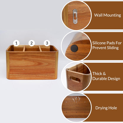 Wooden Kitchen Utensil Holder Organizer for Counter or Countertop, Large Wooden Utensil Holder for Storage Cooking and Silverware with 4 Compartment, Acacia Rustic Wood Container Extra Large