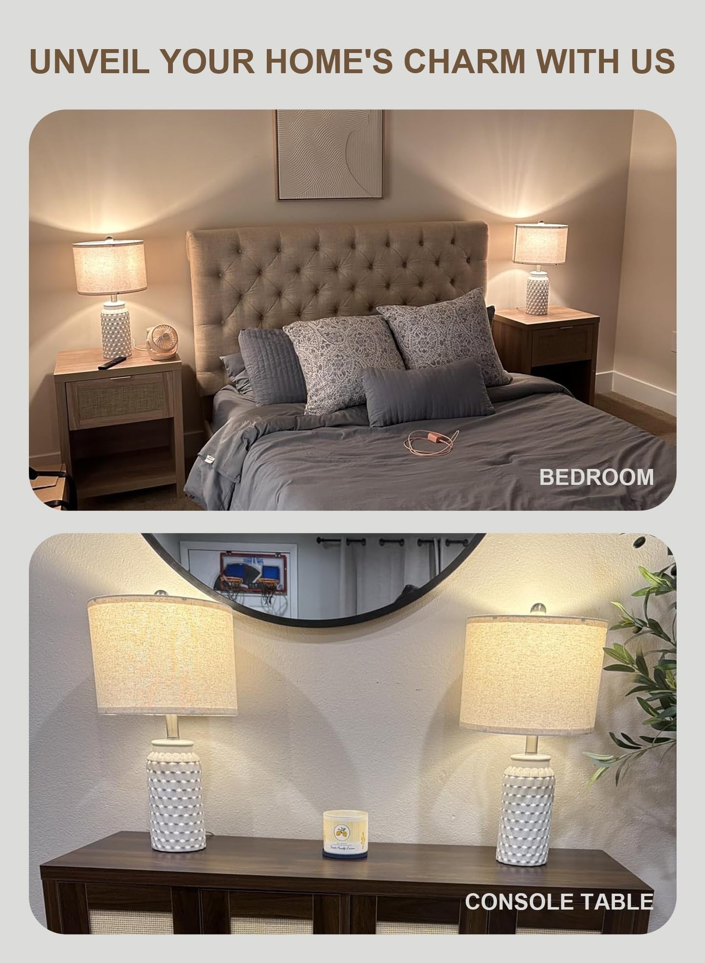 USumkky 20.5" White Modern Ceramic Bedside Lamps Set of 2, Small Table Lamp for Bedroom Decor Farmhouse Nightstand Lamp for Living Room Office