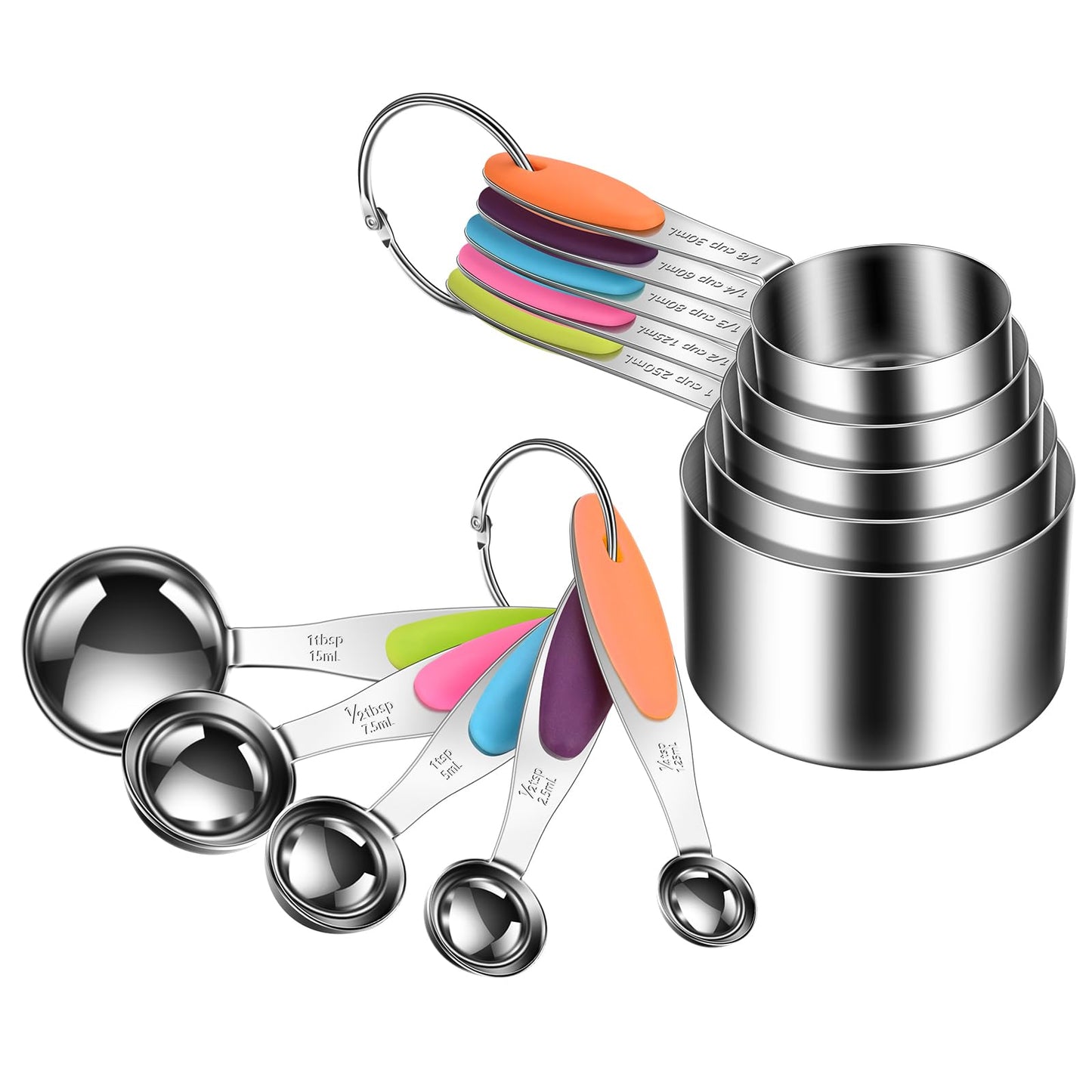 10-Piece Measuring Cups and Spoons Set, 304 Stainless Steel with Color-Coded Handles, Engraved Markings Never Fade, Plastic Free, Dishwasher Safe, Includes 1/8 Cup & 1/4 Tsp
